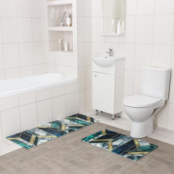 Набор ковриков для ванны и туалета Доляна «Малахит», 2 шт: 45×120, 45×75 см